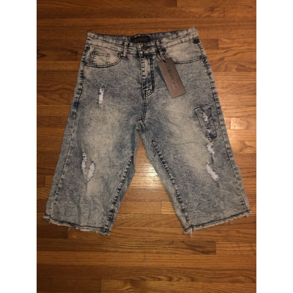 Encrypted Handcrafted Ice Wash Distressed Denim Shorts Size 38